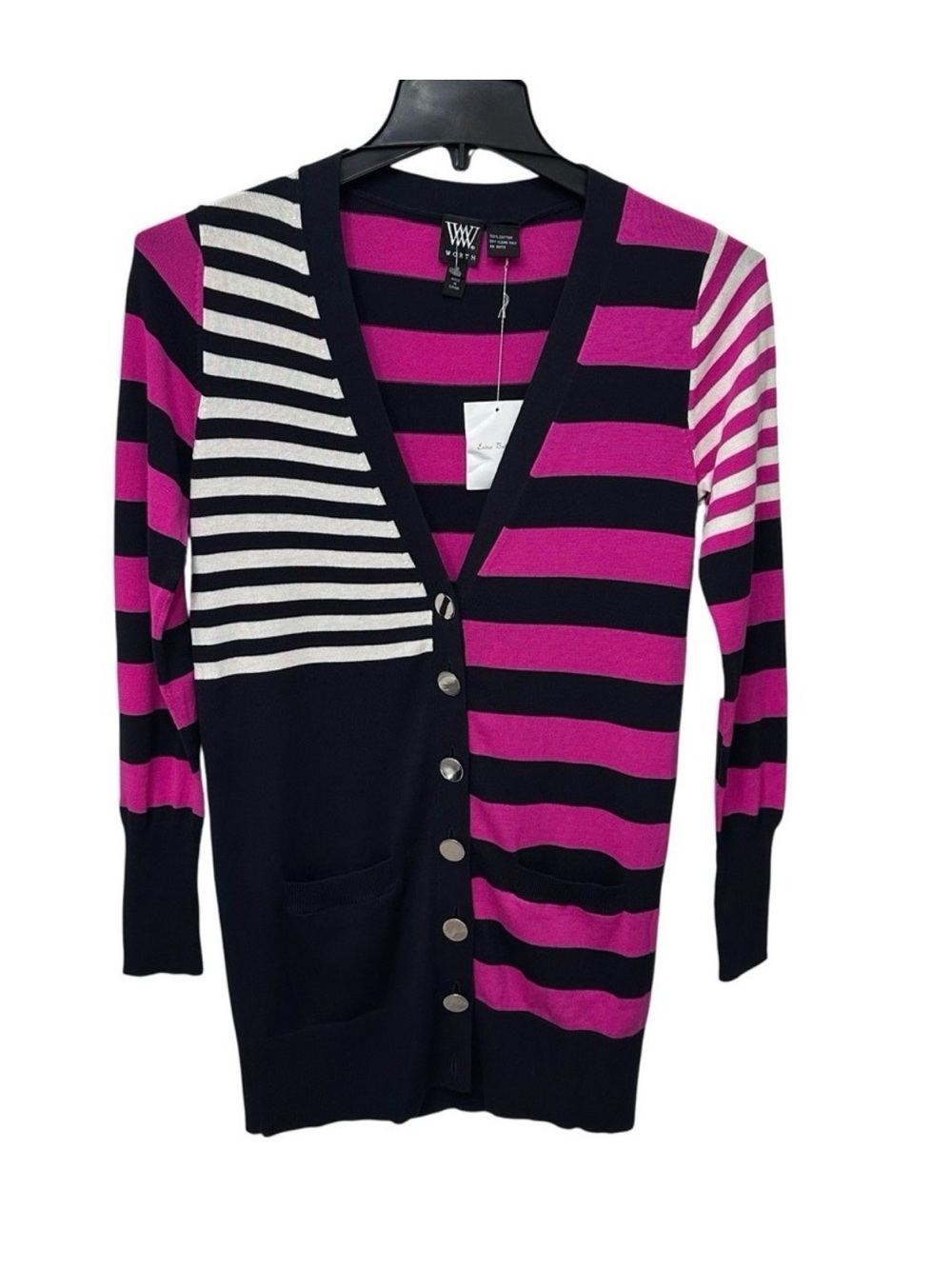 Worth Fuchsia and Black Striped V-Neck Button Cardigan. 100% Cotton. Size: S